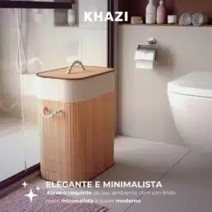 Cesto De Roupa Suja Bambu 72 Litros Lavanderia Com Tampa e Alças Forrado Grande Organizador Banheiro