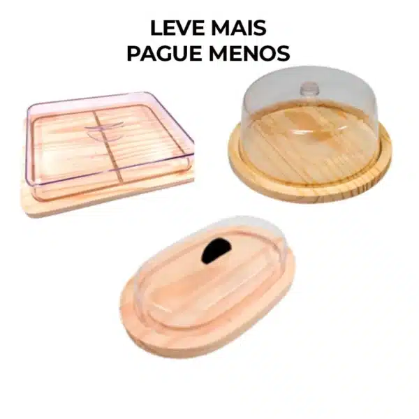 OFERTA 6.6 KIT 4pçs Porta Frios Médio (21X16,5CM), Queijeira, Boleira, Manteigueira Madeira NATURAL